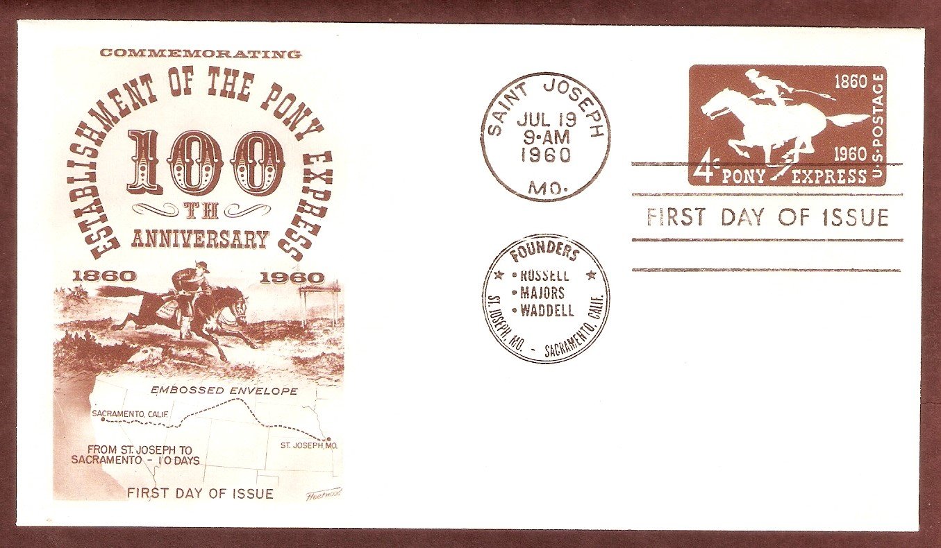 Pony Express Centennial, Mail Carrier, Embossed Postage Stamp Envelope, FW, 1960 First Issue USA