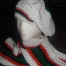 Red, black and green on White Tam w/ scarf