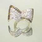 TWIN STRIPE DOUBLE BOW CRYSTAL GLASS JEWEL 925 STERLING SILVER RING SIZE N