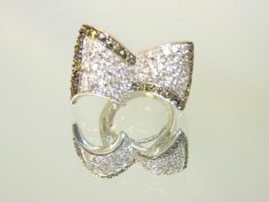 TWIN STRIPE DOUBLE BOW CRYSTAL GLASS JEWEL 925 STERLING SILVER RING SIZE N