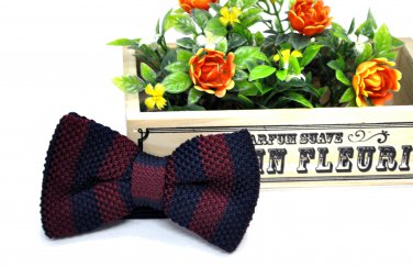 New High Quality Fashion Knitted Bow Tie For Men Navy Blue With Marron Stripe