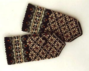 Hand knitted warm wool mittens , gloves patterned grey brown
