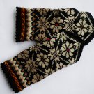 Hand knitted warm wool mittens , gloves patterned Brown and white flowers