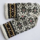 Hand knitted warm wool mittens , gloves patterned White , Grey flowers
