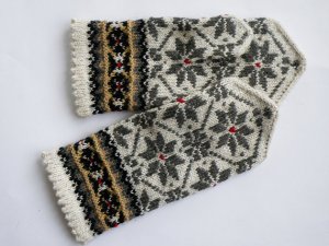 Hand knitted warm wool mittens , gloves patterned White , Grey flowers