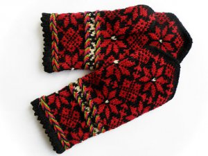 Hand knitted warm wool mittens , gloves patterned Red flowers
