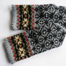 Hand knitted warm wool mittens , gloves patterned Grey and Brown flowers