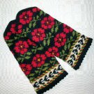 Hand knitted warm wool mittens , gloves patterned Black and Red roses