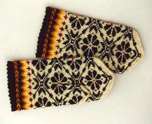 Hand knitted warm wool mittens , gloves White with black flowers
