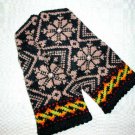 Hand knitted warm wool mittens , gloves Large Flower pattern on Black mittens
