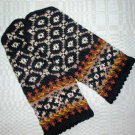 Hand knitted warm wool Black mittens , gloves patterned light brown, grey and orange