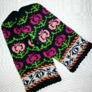 Hand knitted Black warm wool mittens , gloves - Pink and Purple Tulips