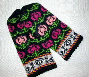 Hand knitted Black warm wool mittens , gloves - Pink and Purple Tulips