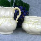 Belleek Porcelain Creamer and Open Sugar Bowl 'Ribbon' 3rd Green Mark