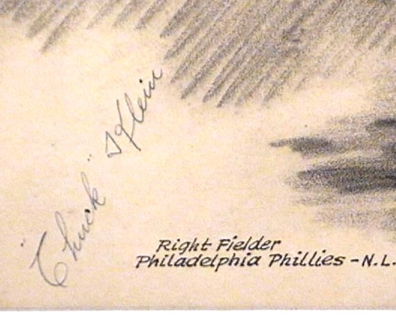 Chuck Klein 1934 Autograph on Pen & Ink Drawing Baseball Old Timer