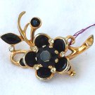 Retro Black Glass Flower Pin with Rhinestones and Thermoplastic