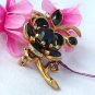 Retro Black Glass Flower Pin with Rhinestones and Thermoplastic