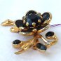 Retro Black Glass Flower Pin with Rhinestones and Thermoplastic