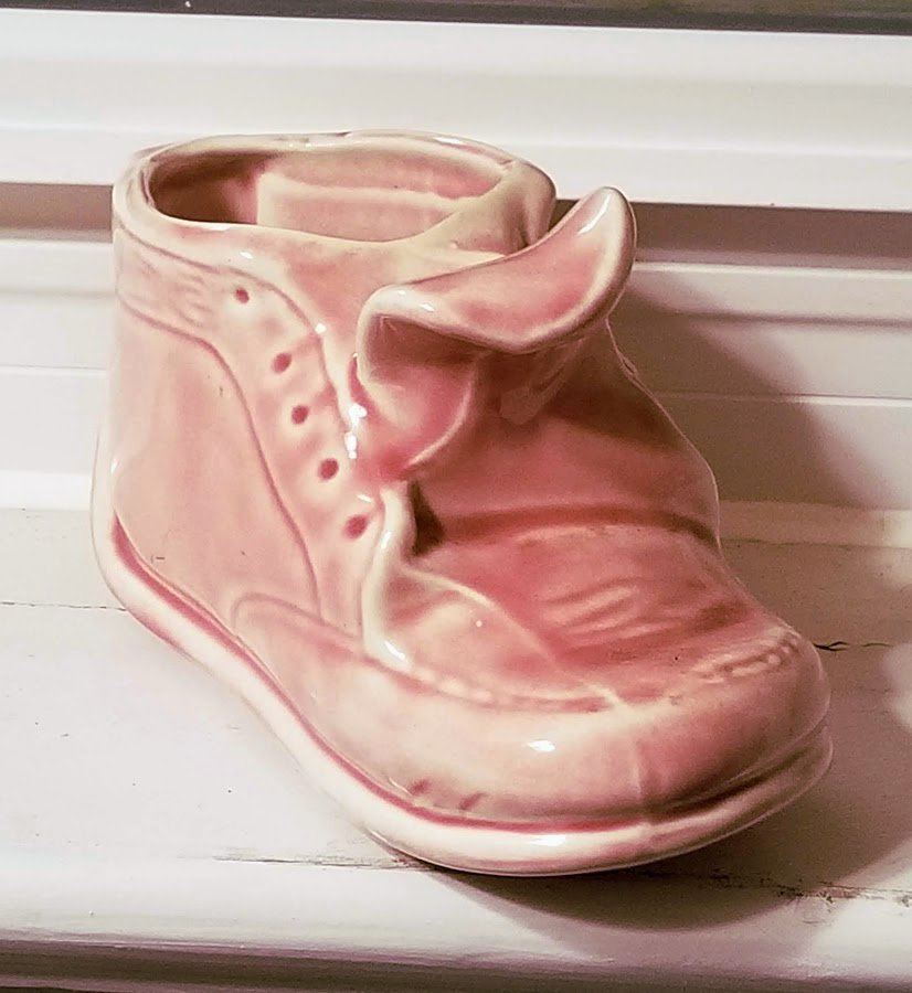 Pink Baby Shoe Planter with Tongue Out by Stanford Art Pottery