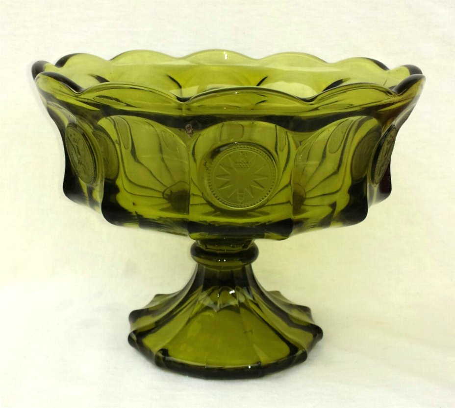 Fostoria Coin Pattern High Footed Compote Olive Green Elegant Glass 1960s