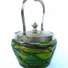 Iridescent Art Glass Biscuit Jar Green with Amethyst Threading has Silver Lid Pallme-Konig Ca. 1900