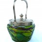 Iridescent Art Glass Biscuit Jar Green with Amethyst Threading has Silver Lid Pallme-Konig Ca. 1900