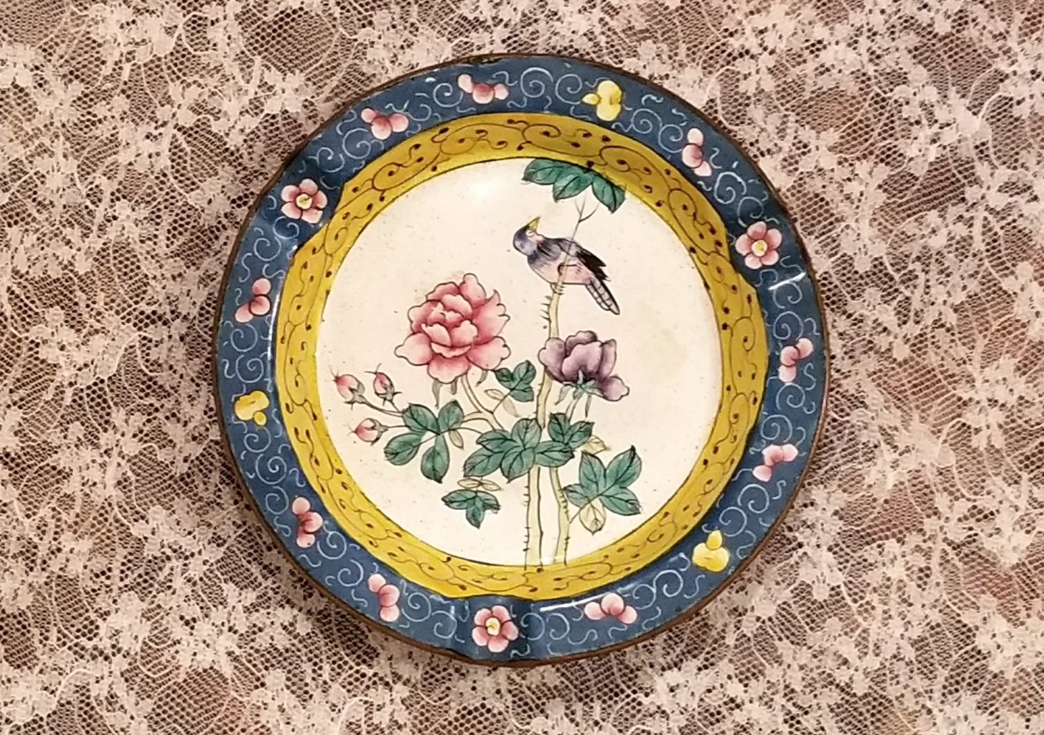 Enameled Asian Dish / Ashtray with Flowers and Bird Theme