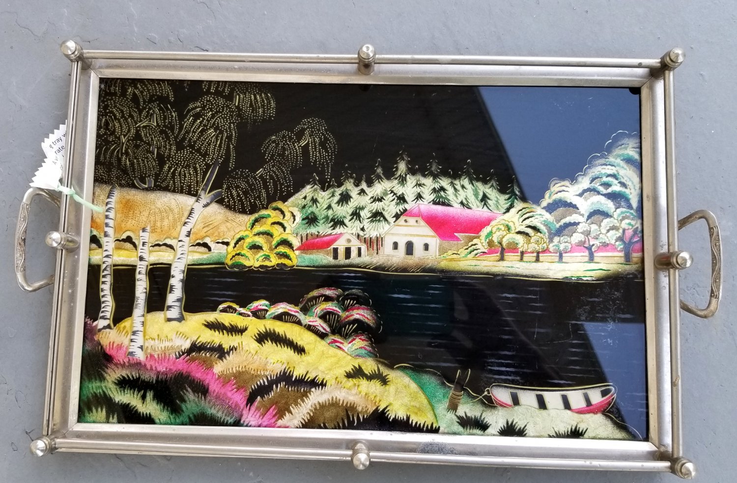 Foil Art Serving Tray Vintage Hand Crafted Landscape Scene Germany