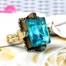 Faux Blue Apatite Ring Adjustable Emerald-cut Glass Stone Ring