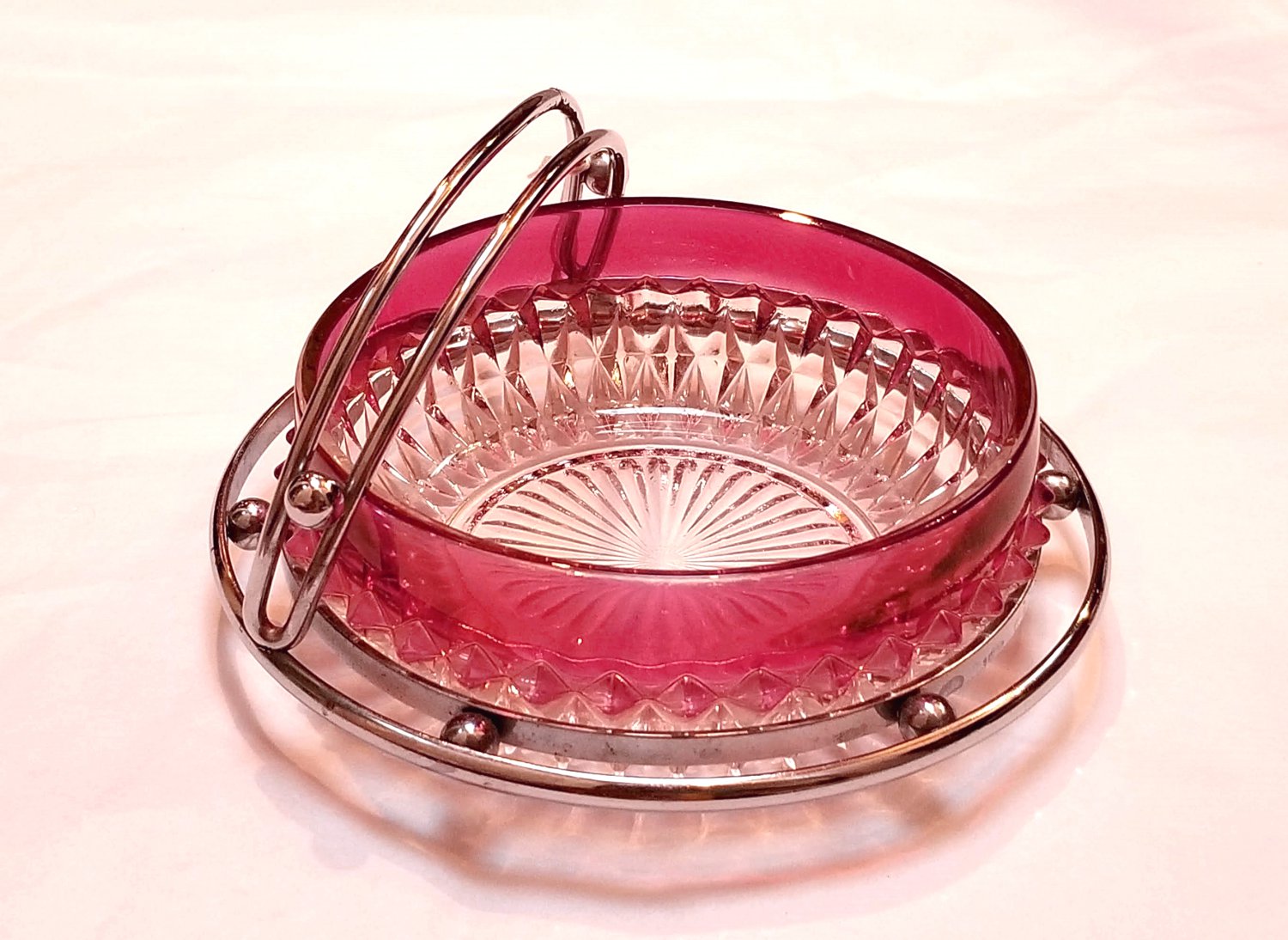 Diamond Point Cranberry Flashed Serving Dish with Chrome Caddy