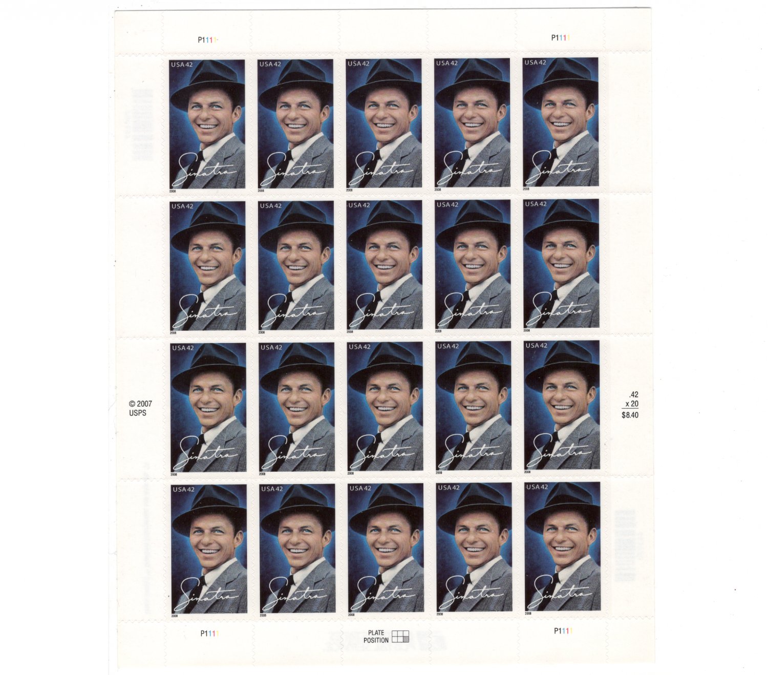 U.S. Frank Sinatra Full Sheet /20 Stamps 2008 Mint