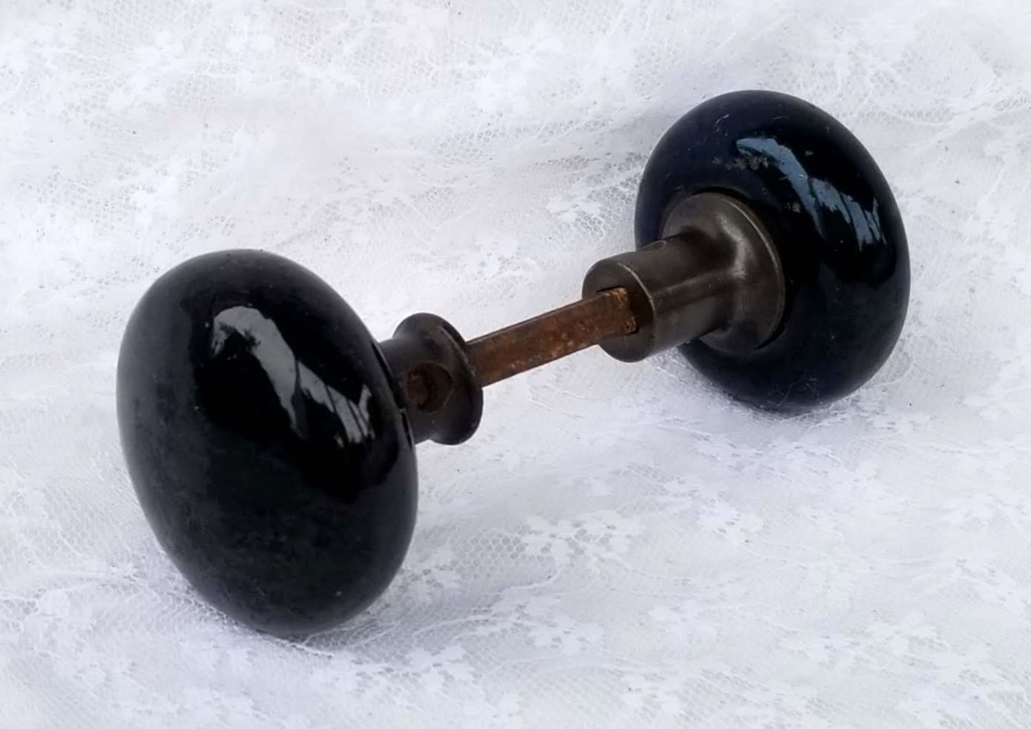 Pair Antique Door Knobs with Spindle Black Ceramic