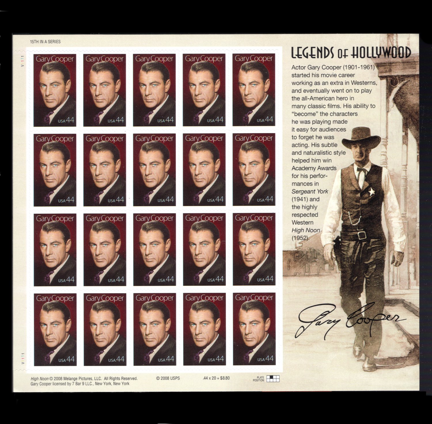Gary Cooper Full Sheet/20 Stamps Legends of Hollywood 44c 2009