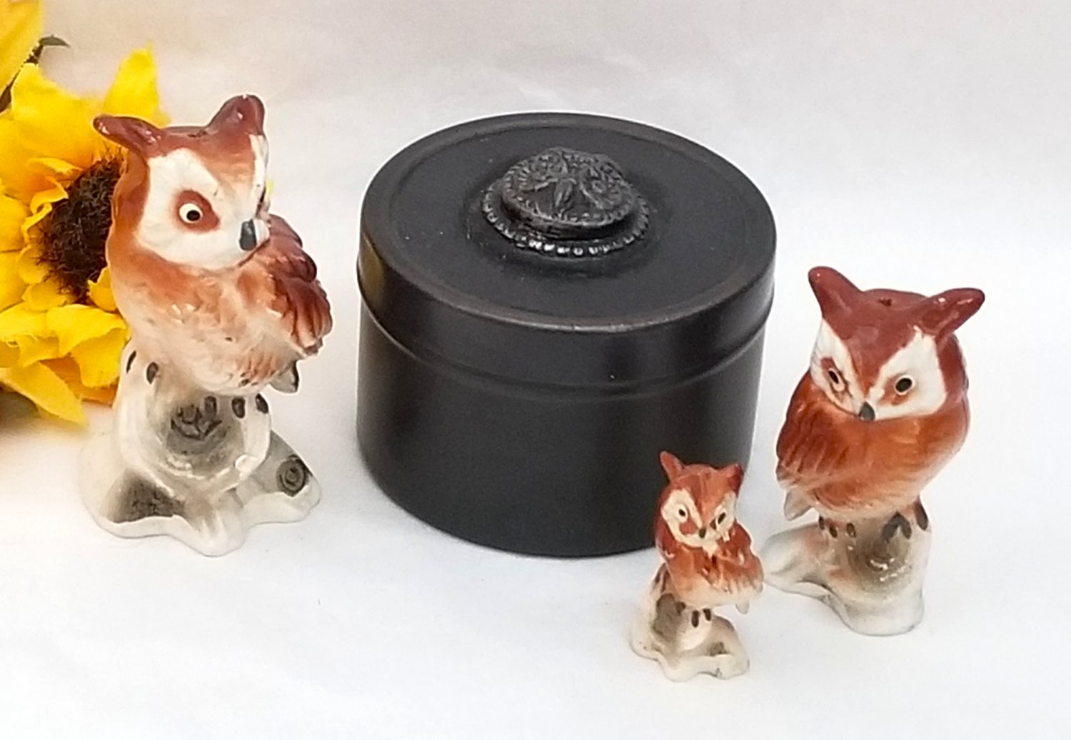 Owl Pewter Box & 3 Owl Figures Mini Trinket Box and Figurines