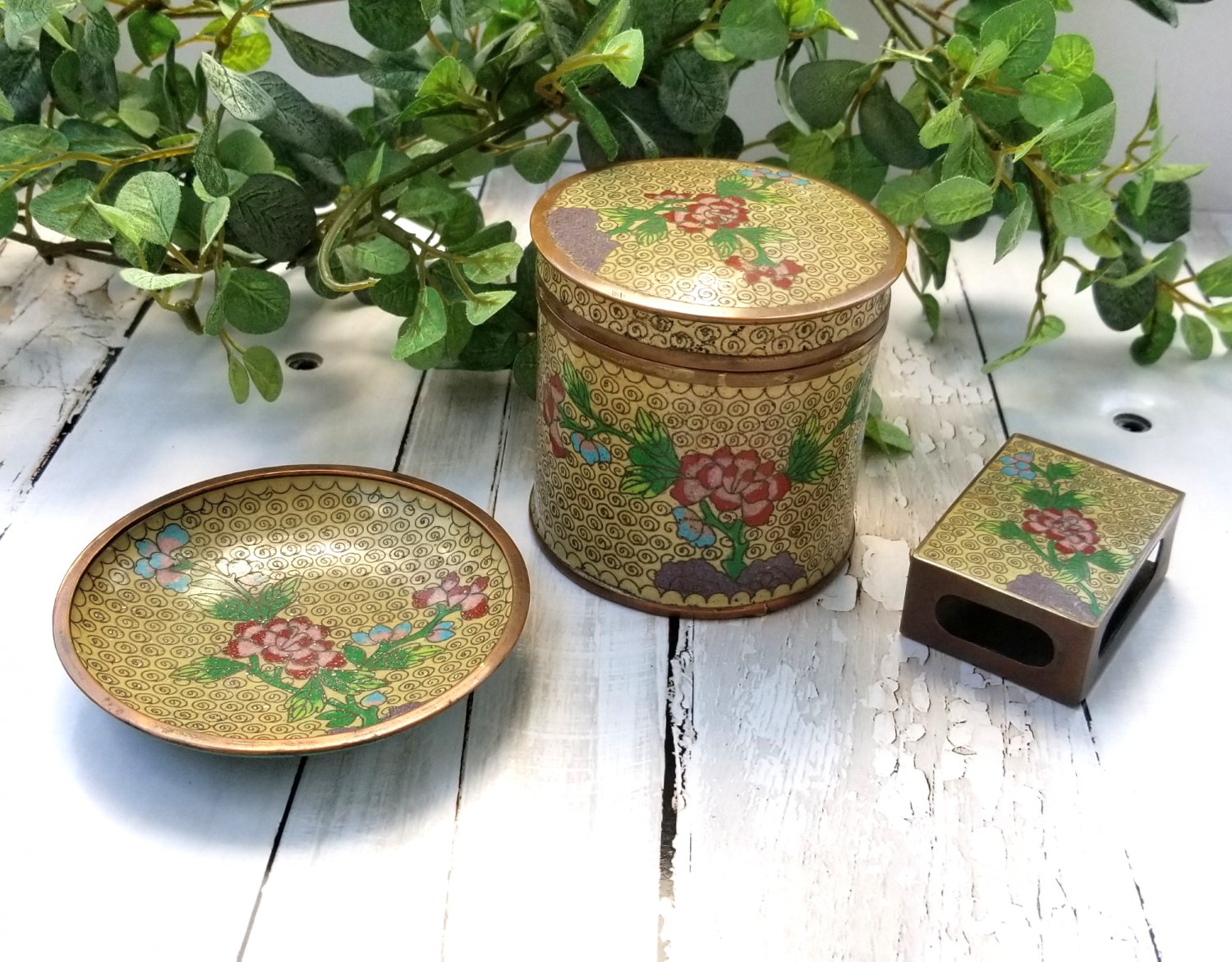 Cloisonne 3-Piece Cigarette Set - 2 Boxes, Ashtray - Vintage Decor