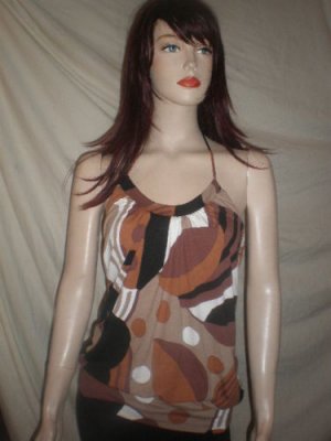 SASS ME Halter Tie Back Top Blouse Brown Print S 3259SM