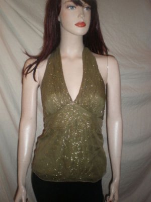 RUBBER DUCKY Halter Blouse Top Gold Olive Green S 70497