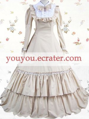Beige Long Sleeves Ruffled Double-Layer Bow  Classic Lolita Dress