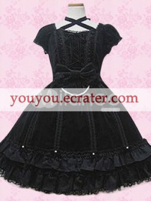 Black Short Sleeves Bow Applique Classic Lolita Dress