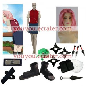 Naruto Shippuden Sakura Haruno Casual Halloween Cosplay Costume  Naruto set  with wig