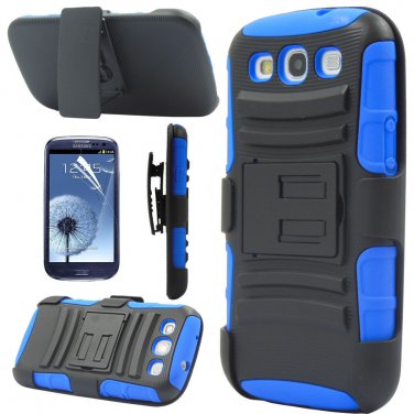 Blue Rugged Hybrid Case Cover + Belt Clip Holster For Samsung Galaxy S3 S III i9300