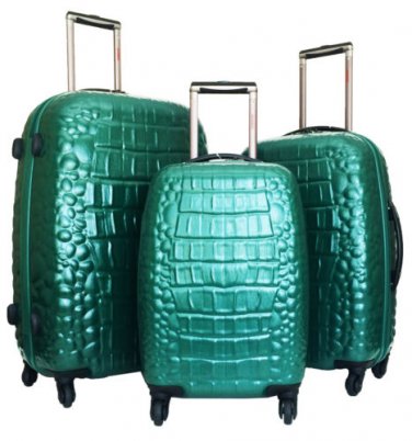 3 Pc Luggage Set Hardside Rolling 4Wheel Spinner Polycarb Case Travel Croc Green