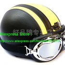 YH-998 Leather Half Bol Cycling Open Face Motorcycle Open Face Black Yellow Helmet & Silver Goggles