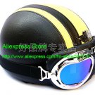 YH-998 Leather Half Bol Cycling Open Face Motorcycle Open Face Black Yellow Helmet & Color Goggles