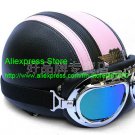 YH-998 Leather Half Bol Cycling Open Face Motorcycle Open Face Black Pink Helmet & Color Goggles