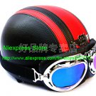 YH-998 Leather Half Bol Cycling Open Face Motorcycle Open Face Black Red Helmet & Color Goggles