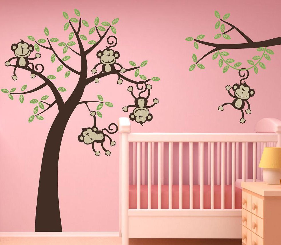 Autocollant Mural Singes Et Bananiers – Déco Murale Enfant Peel And Stick