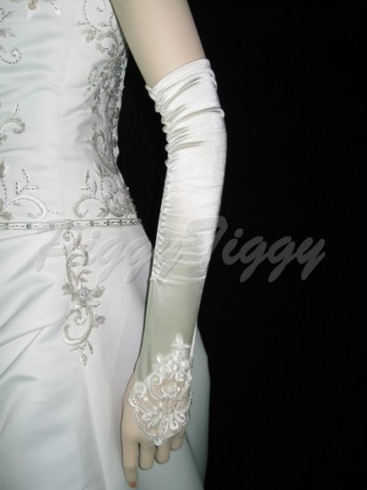 19 Ivory Fingerless Satin Lace Beading Formal Party Prom Costume Bridal Wedding Gloves G2i19 5409
