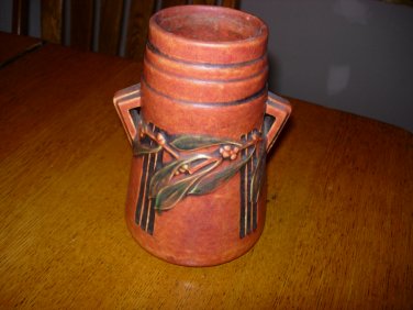 Roseville Laurel Red 671-7 Pottery Vase with Original Foil Tag