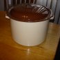 Vintage Tan Porcelain Enamelware Stock Pot with Brown Trim